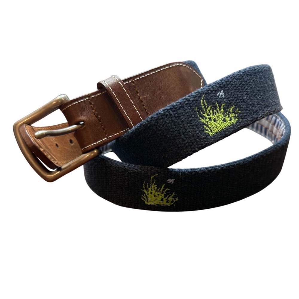 Peter Millar Navy Canvas Leather SawGrass Embroidery Belt Size 44 Made in USA